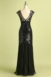 Black Cap Sleeves Flapper Long 1920s Evening Dress